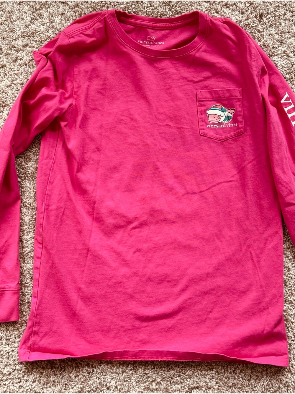 Vineyard Vines Girls Long-Sleeve Tee in Hot Pink with Pocket Whale